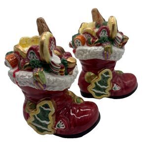 Fitz and Floyd Santa's Sweets Candy Cookies Boots‎ Candleholders Set of 2